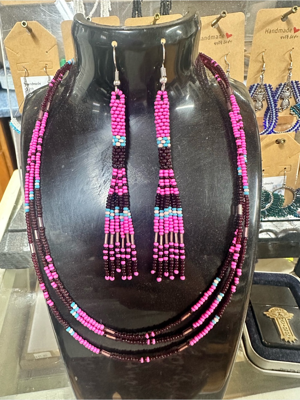 Handmade Pink & Turquoise Seed Bead Necklace and Earrings Set